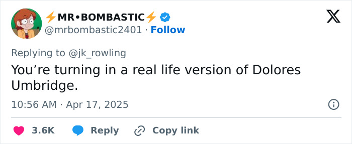A tweet criticizing J.K. Rowling with a comparison to Dolores Umbridge after a Supreme Court ruling on trans rights. A tweet criticizing J.K. Rowling with a comparison to Dolores Umbridge after a Supreme Court ruling on trans rights.
