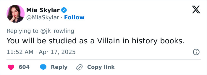 Tweet replying to J.K. Rowling about being viewed as a villain after Supreme Court ruling on trans rights. Tweet replying to J.K. Rowling about being viewed as a villain after Supreme Court ruling on trans rights.