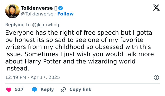 Tweet criticizing J.K. Rowling's focus on trans rights instead of Harry Potter, highlighting free speech concerns. Tweet criticizing J.K. Rowling's focus on trans rights instead of Harry Potter, highlighting free speech concerns.
