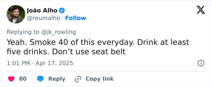 Tweet reaction to J.K. Rowling's statement on trans rights by user João Alho on April 17, 2025. Tweet reaction to J.K. Rowling's statement on trans rights by user João Alho on April 17, 2025.