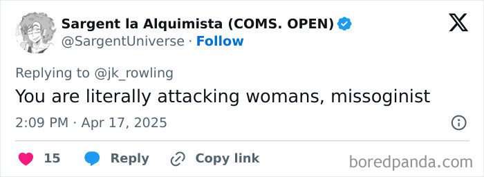 Tweet reply criticizing J.K. Rowling on trans rights ruling, featuring a comment on misogyny. Tweet reply criticizing J.K. Rowling on trans rights ruling, featuring a comment on misogyny.