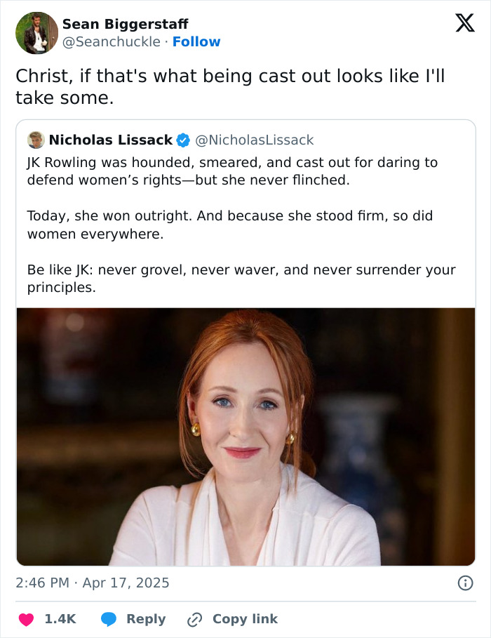 Harry Potter star comments on tweet celebrating JK Rowling's stance on women's rights, featuring an image of Rowling. Harry Potter star comments on tweet celebrating JK Rowling's stance on women's rights, featuring an image of Rowling.