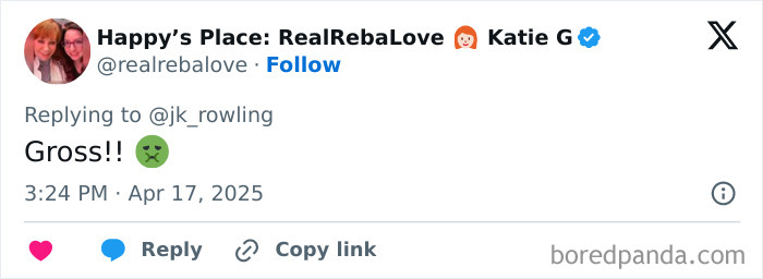 Tweet responding to J.K. Rowling about trans rights, expressing strong disapproval with "Gross!!" and a green nauseated emoji. Tweet responding to J.K. Rowling about trans rights, expressing strong disapproval with "Gross!!" and a green nauseated emoji.