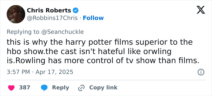 Chris Roberts critiques JK Rowling's control over HBO's show vs. Harry Potter films in a tweet. Chris Roberts critiques JK Rowling's control over HBO's show vs. Harry Potter films in a tweet.