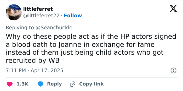 Tweet questioning Harry Potter actors' loyalty to JK Rowling, suggesting they were recruited by Warner Bros. Tweet questioning Harry Potter actors' loyalty to JK Rowling, suggesting they were recruited by Warner Bros.
