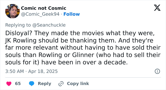 A tweet criticizes JK Rowling, suggesting she should be more thankful for the Harry Potter movies' success. A tweet criticizes JK Rowling, suggesting she should be more thankful for the Harry Potter movies' success.