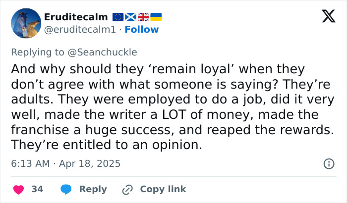 Tweet discussing loyalty and opinions related to a controversial Harry Potter author statement. Tweet discussing loyalty and opinions related to a controversial Harry Potter author statement.