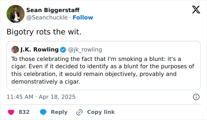 Harry Potter star responds to JK Rowling's tweet on trans issues with comment, "Bigotry rots the wit. Harry Potter star responds to JK Rowling's tweet on trans issues with comment, "Bigotry rots the wit.