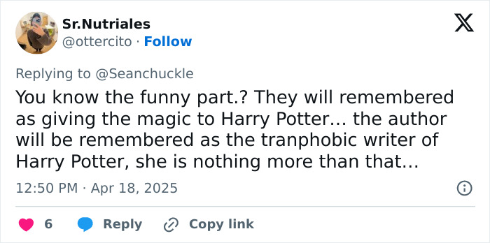 Tweet discussing the Harry Potter author being labeled as transphobic, touching on legacy and fame. Tweet discussing the Harry Potter author being labeled as transphobic, touching on legacy and fame.