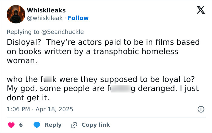 Tweet criticizing JK Rowling without mentioning Andrew Tate, discussing loyalty and transphobia. Tweet criticizing JK Rowling without mentioning Andrew Tate, discussing loyalty and transphobia.