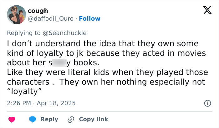 Tweet criticizing loyalty to JK Rowling from Harry Potter actors. Tweet criticizing loyalty to JK Rowling from Harry Potter actors.