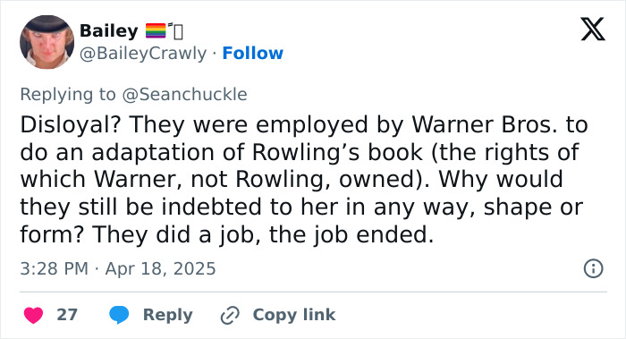 Tweet discussing loyalty towards JK Rowling's involvement with Harry Potter adaptations. Tweet discussing loyalty towards JK Rowling's involvement with Harry Potter adaptations.