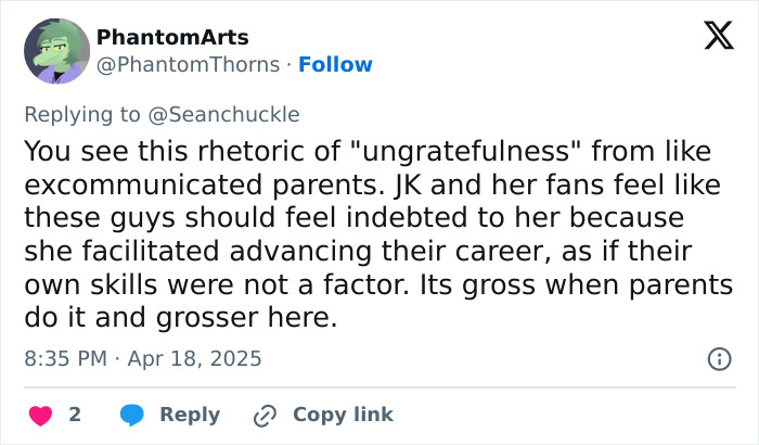 Tweet discussing JK Rowling's critics and career debt, April 2025, by PhantomArts. Tweet discussing JK Rowling's critics and career debt, April 2025, by PhantomArts.