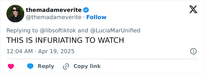 Tweet reaction to trans locker room testimony labeled "infuriating," April 19, 2025. Tweet reaction to trans locker room testimony labeled "infuriating," April 19, 2025.