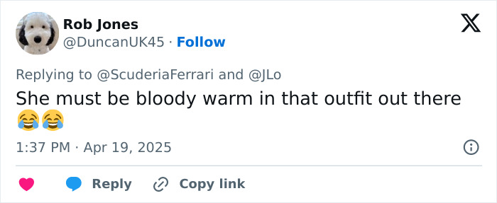Tweet mocking Jennifer Lopez's pink catsuit at Saudi F1, questioning the warmth of her outfit. Tweet mocking Jennifer Lopez's pink catsuit at Saudi F1, questioning the warmth of her outfit.