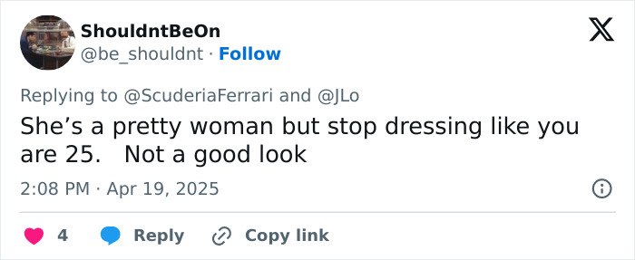 Tweet mocking Jennifer Lopez for her outfit at the Saudi F1 race, suggesting she's dressing too young. Tweet mocking Jennifer Lopez for her outfit at the Saudi F1 race, suggesting she's dressing too young.