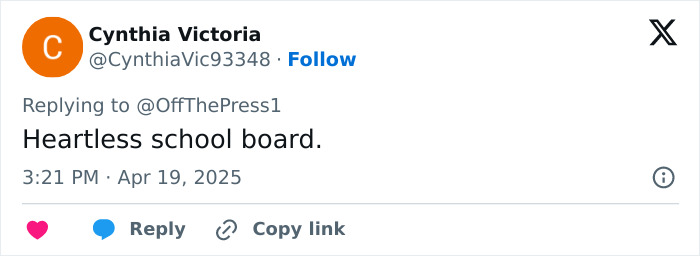 Tweet showing criticism of school board amid trans locker room testimony controversy. Tweet showing criticism of school board amid trans locker room testimony controversy.