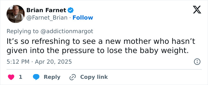 Tweet praising Margot Robbie for not succumbing to postpartum body pressure and losing baby weight. Tweet praising Margot Robbie for not succumbing to postpartum body pressure and losing baby weight.