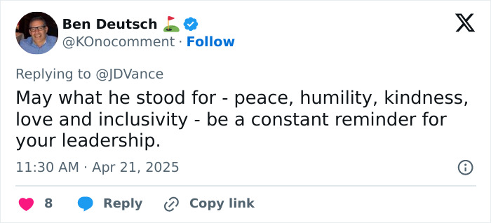 Tweet expressing leadership values in response to JD Vance after Pope's passing. Tweet expressing leadership values in response to JD Vance after Pope's passing.