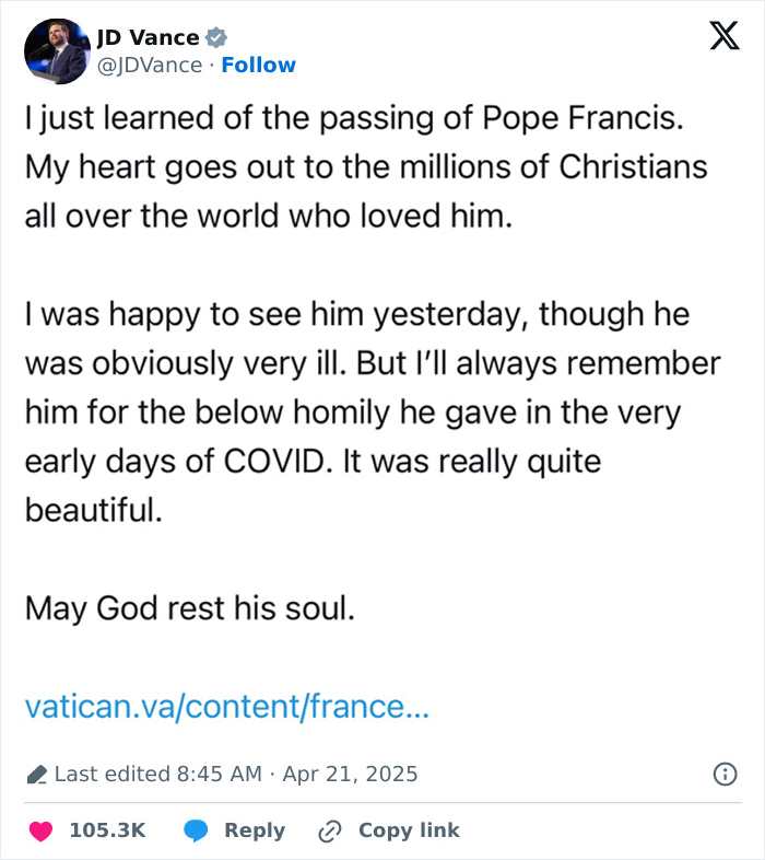 JD Vance expresses condolences on Pope Francis's passing in a heartfelt social media post. JD Vance expresses condolences on Pope Francis's passing in a heartfelt social media post.
