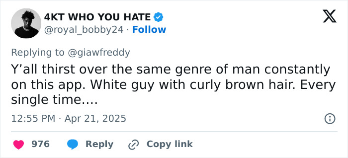 Tweet about 'thirst' over men, highlighting a preference for white guys with curly brown hair on social media. Tweet about 'thirst' over men, highlighting a preference for white guys with curly brown hair on social media.