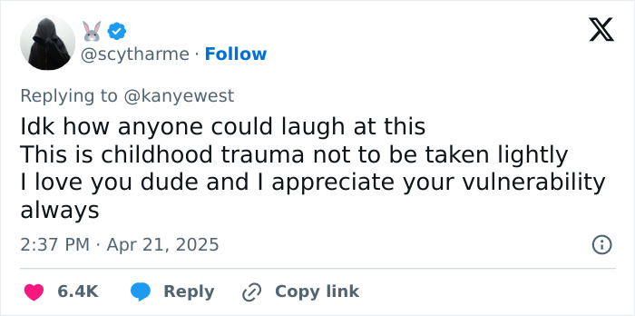 Tweet responding to Kanye West about trauma and vulnerability. Tweet responding to Kanye West about trauma and vulnerability.