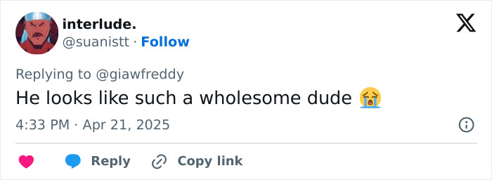 Tweet expressing admiration for a person, calling him a wholesome dude, with crying emoji. Tweet expressing admiration for a person, calling him a wholesome dude, with crying emoji.