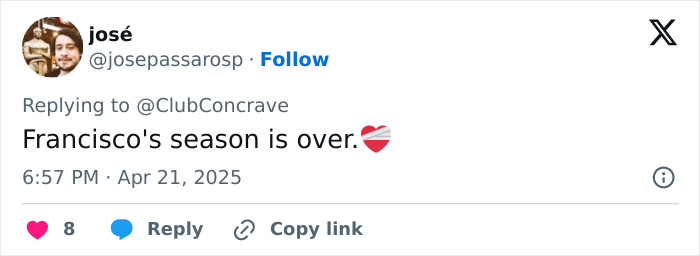 A tweet by José mentioning "Francisco's season is over," with heart and flag emojis. A tweet by José mentioning "Francisco's season is over," with heart and flag emojis.