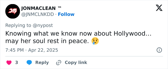 Tweet expressing condolences for former child star Sophie Nyweide, referencing Hollywood revelations. Tweet expressing condolences for former child star Sophie Nyweide, referencing Hollywood revelations.