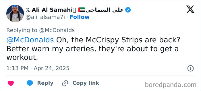 Tweet reacting to the return of chicken strips at McDonald's, mentioning McCrispy Strips and arteries. Tweet reacting to the return of chicken strips at McDonald's, mentioning McCrispy Strips and arteries.