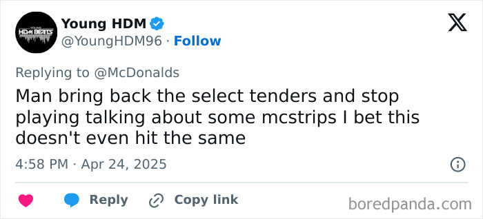 Tweet discussing McDonald's Chicken Strips returning, expressing doubt about their popularity compared to Select Tenders. Tweet discussing McDonald's Chicken Strips returning, expressing doubt about their popularity compared to Select Tenders.