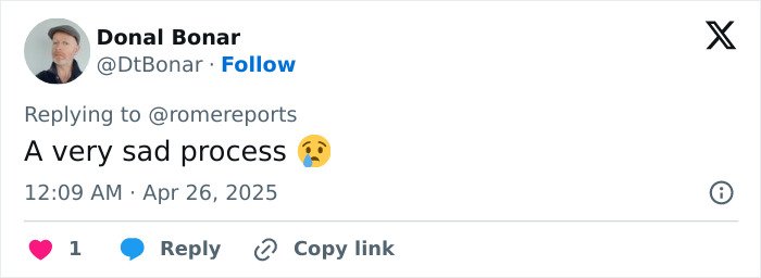 Tweet expressing sadness over Pope Francis's farewell, with a crying emoji reaction. Tweet expressing sadness over Pope Francis's farewell, with a crying emoji reaction.