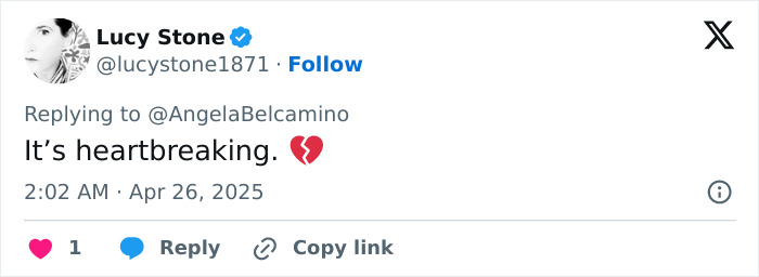 Tweet mentioning heartbreaking message, with a broken heart emoji, related to Prince Andrew accuser Virginia Giuffre. Tweet mentioning heartbreaking message, with a broken heart emoji, related to Prince Andrew accuser Virginia Giuffre.