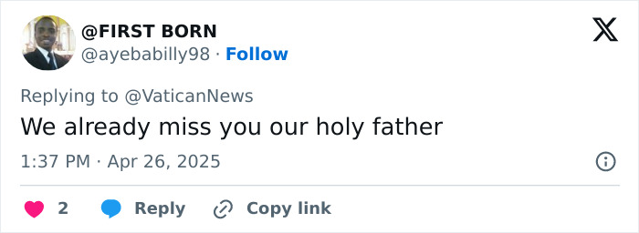 Social media post expressing farewell to Pope Francis with the words "We already miss you our holy father. Social media post expressing farewell to Pope Francis with the words "We already miss you our holy father.