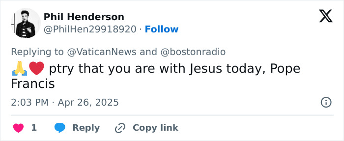 Tweet expressing prayerful wishes for Pope Francis with emojis of folded hands and a heart. Tweet expressing prayerful wishes for Pope Francis with emojis of folded hands and a heart.