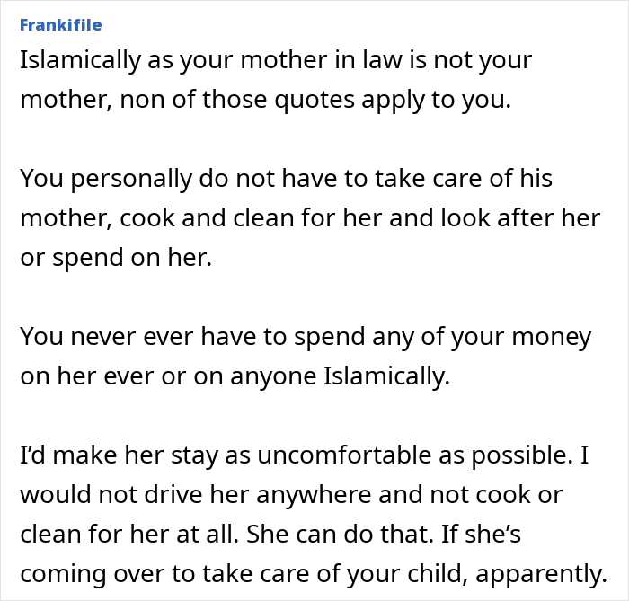 Text discussing the expectations of a mother-in-law's stay and financial responsibilities within a marriage. Text discussing the expectations of a mother-in-law's stay and financial responsibilities within a marriage.