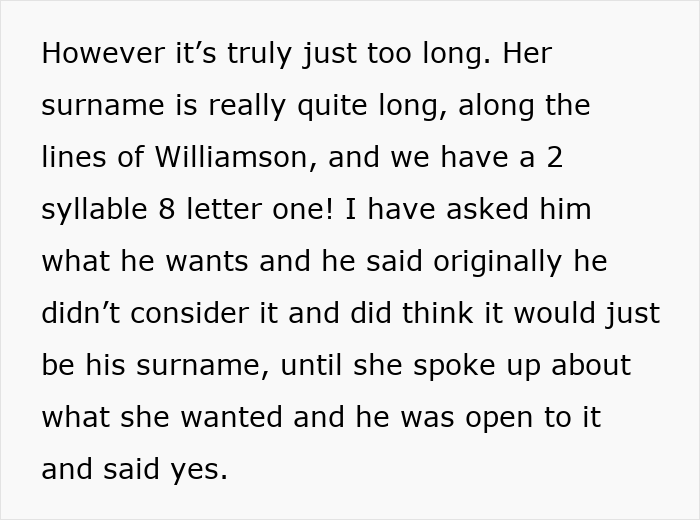 Text discussing a mom upset about her son's choice of a hyphenated last name after marriage. Text discussing a mom upset about her son's choice of a hyphenated last name after marriage.