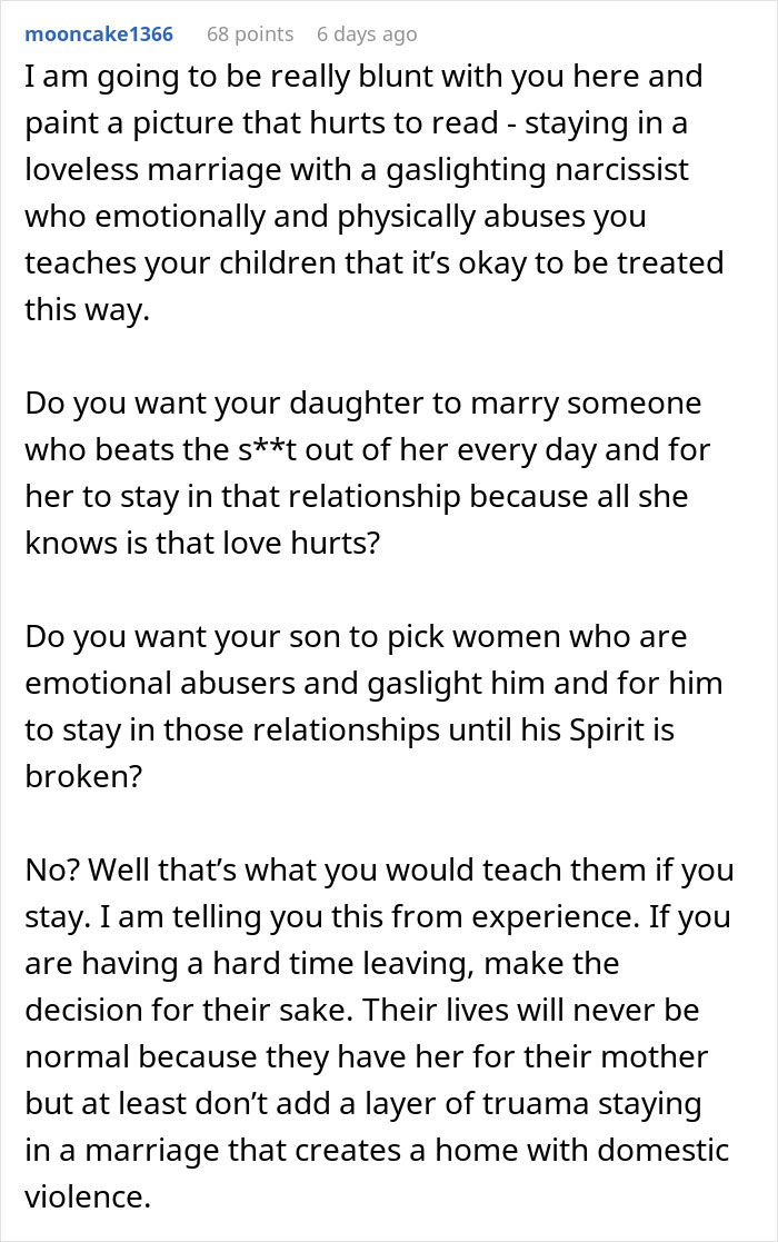 Text discussing the impact of staying in a marriage with domestic violence, addressing children’s perceptions. Text discussing the impact of staying in a marriage with domestic violence, addressing children’s perceptions.