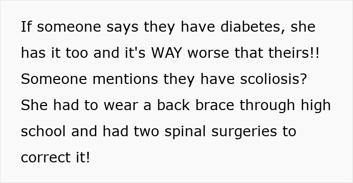 Text illustration about a woman claiming worse conditions than others, emphasizing her numerous alleged diseases. Text illustration about a woman claiming worse conditions than others, emphasizing her numerous alleged diseases.