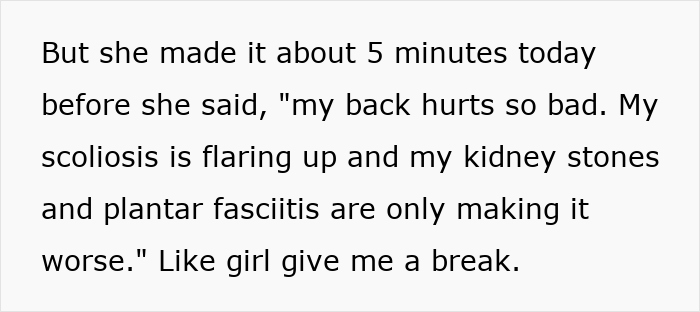 Text of a woman listing complaints about her health, as her colleague reacts with frustration. Keywords: disease, colleague. Text of a woman listing complaints about her health, as her colleague reacts with frustration. Keywords: disease, colleague.