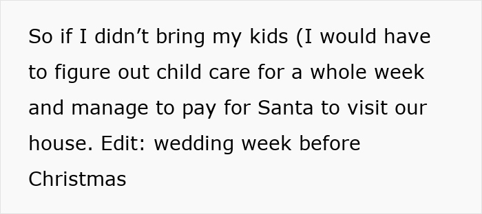 Text excerpt about a woman discussing child care challenges and wedding timing before Christmas affecting decisions.