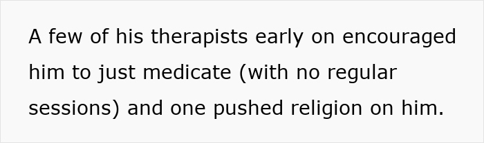 Text excerpt discussing husband therapist wife homework mentioning early therapists advising medication without regular sessions. Text excerpt discussing husband therapist wife homework mentioning early therapists advising medication without regular sessions.