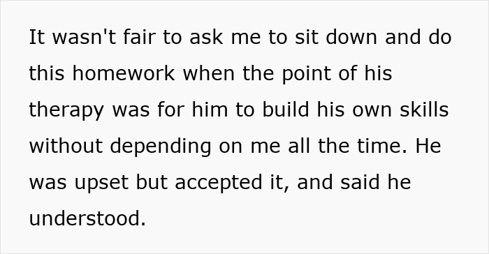 Text about husband and therapist wife homework, explaining fairness and building independent skills during therapy. Text about husband and therapist wife homework, explaining fairness and building independent skills during therapy.