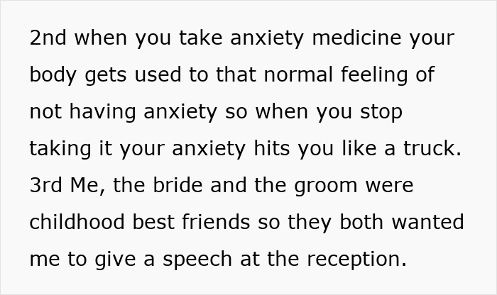 Text discussing anxiety pills and a bride and groom's request for a speech at their wedding reception. Text discussing anxiety pills and a bride and groom's request for a speech at their wedding reception.