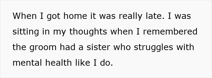 Text about the groom's sister and mental health struggles, related to wedding anxiety dilemma. Text about the groom's sister and mental health struggles, related to wedding anxiety dilemma.