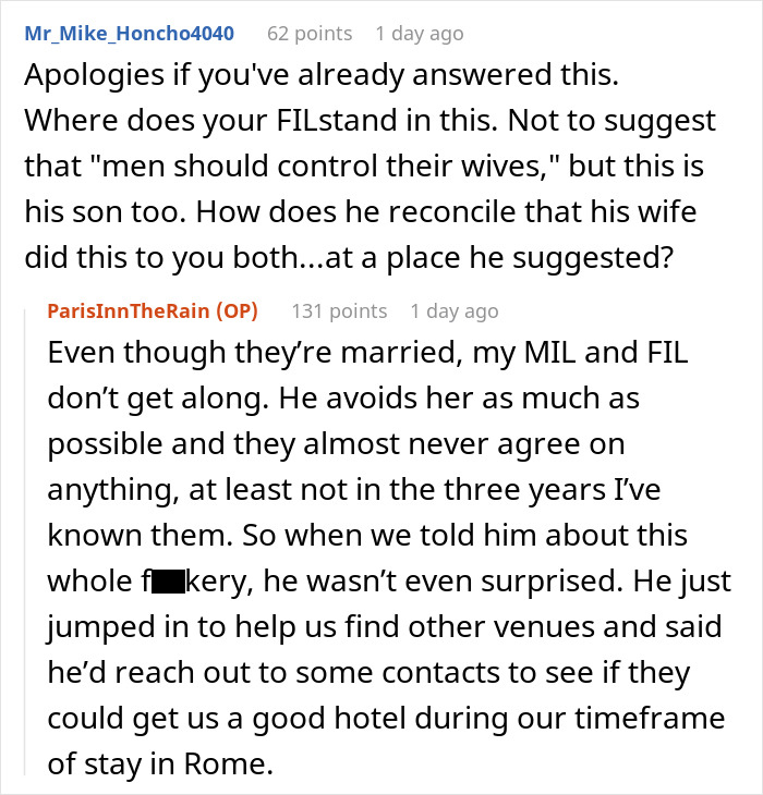 Text conversation discussing MIL canceling son's honeymoon, FIL's indifference, and offering hotel help instead. Text conversation discussing MIL canceling son's honeymoon, FIL's indifference, and offering hotel help instead.