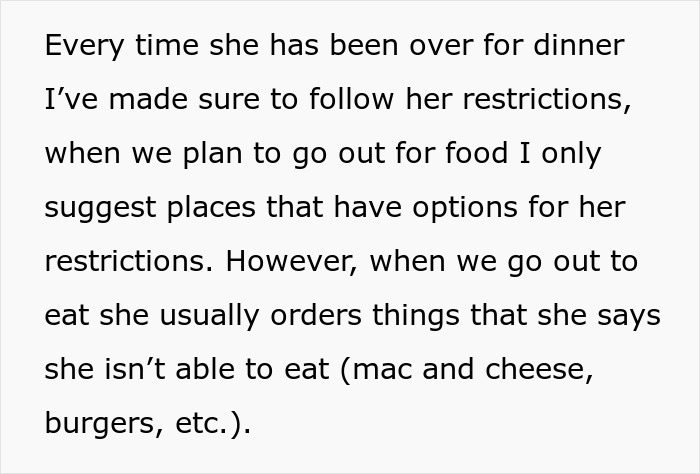 Text discussing a friend's dietary restrictions and inconsistent food choices when eating out. Text discussing a friend's dietary restrictions and inconsistent food choices when eating out.