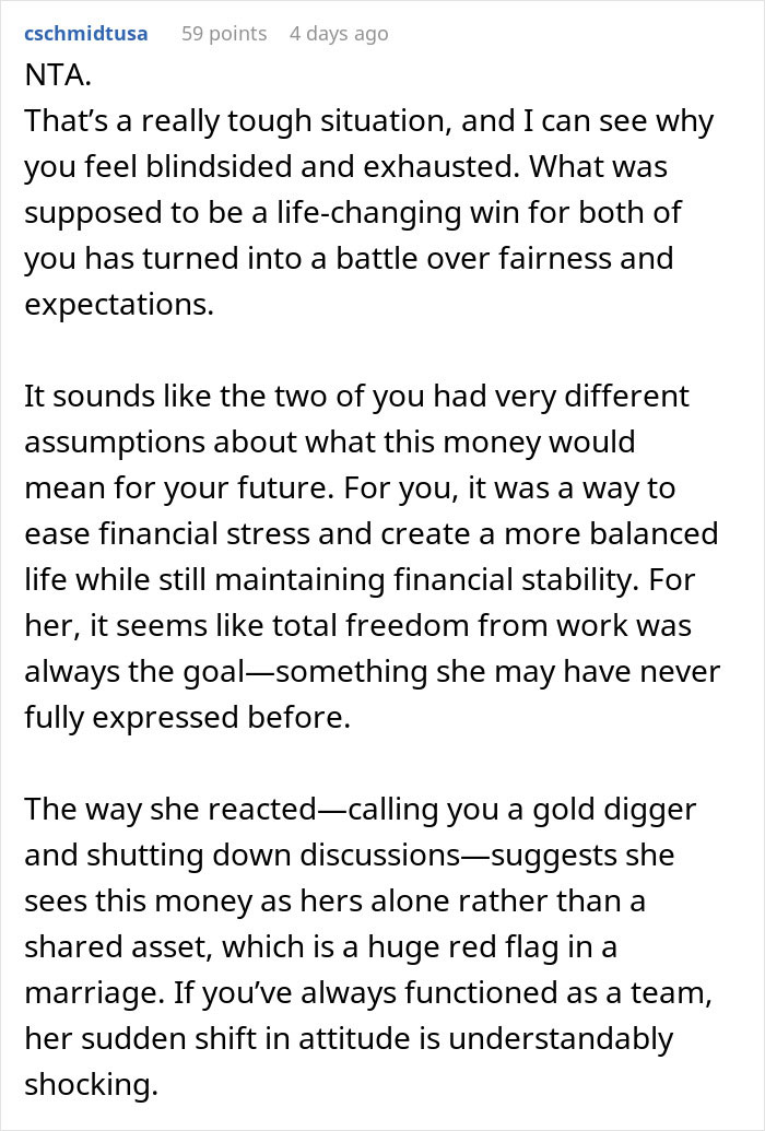 Reddit comment discussing sharing lottery winnings and marital disagreements. Reddit comment discussing sharing lottery winnings and marital disagreements.