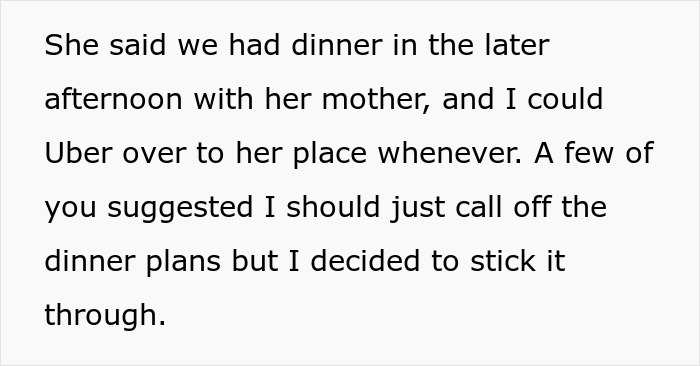 Text from a person about a dinner plan with a long-distance girlfriend and her mother. Text from a person about a dinner plan with a long-distance girlfriend and her mother.