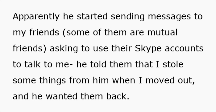 Text about upset ex-girlfriend and marriage, explaining a situation involving Skype messages and alleged theft. Text about upset ex-girlfriend and marriage, explaining a situation involving Skype messages and alleged theft.